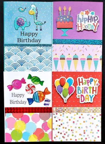 Four pack of adult and kids birthday cards featuring ice cream, balloons, and multicoloured dot prints.