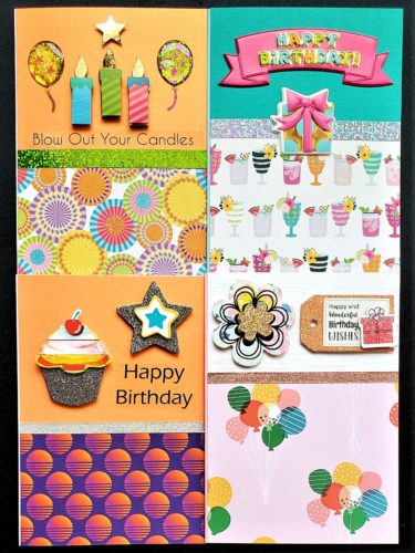Four pack of adult and kids birthday cards featuring candles, balloons, tropical drinks and cupcakes.