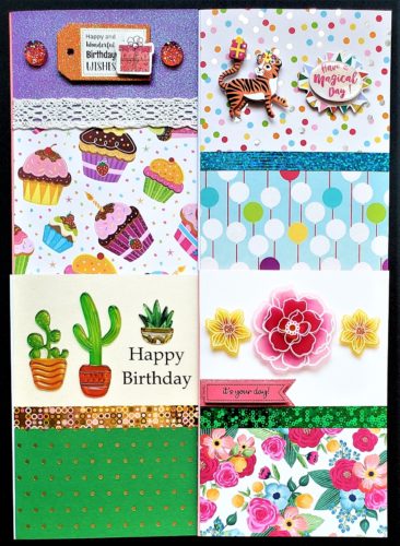 Four pack of adult and kids birthday cards with cupcakes, balloons, cacti, flowers and more.