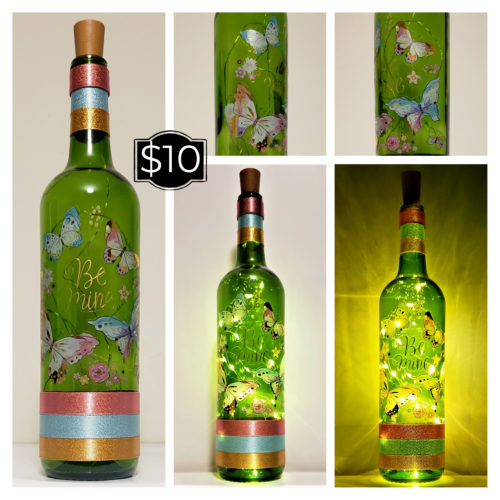 Photo grid of a bottle light featuring watercolour style butterflies and flowers that surround the words, "Be mine".