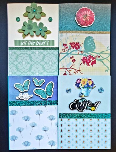 Four pack of multipurpose cards in teal tones, and decorated with flowers, jewels and butterflies.