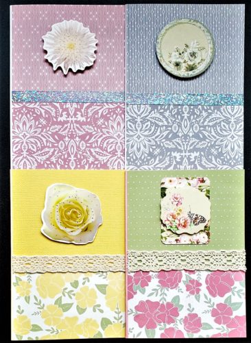 Four pack of multipurpose cards in different pastel colours and prints and decorated with 3D flowers.