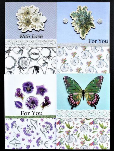 Four pack of multipurpose cards in soft blue and purple tones, and decorated with flowers and butterflies.