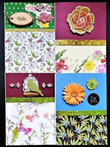 Four pack of multipurpose cards with bold floral prints in bright anddeep colours.