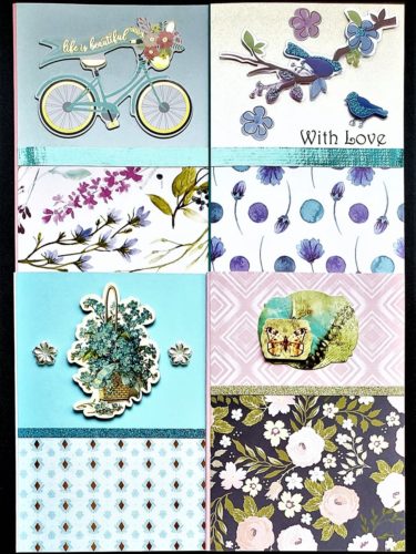 Four pack of multipurpose cards in soft tones of pink and blue, and decorated with flowers, birds, jewels and more.