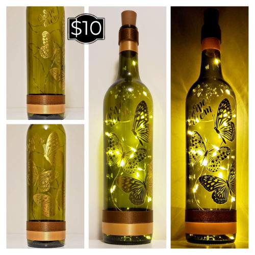 Photo grid of a bottle light with the phrase, "Carpe Diem", surrounded by gold butterflies.