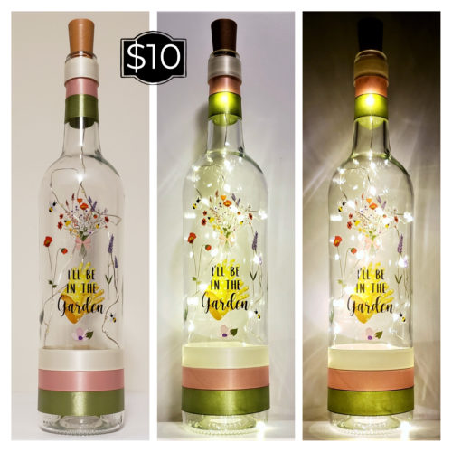 Photo grid of a bottle light with wildflowers and the phrase, "I'll be in the garden".