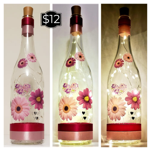 Photo grid of a bottle light featuring four pink and purple gerbera daisies, a floral heart, and the words, "Love You".