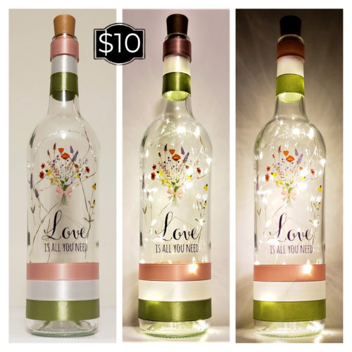 Photo grid of a bottle light featuring a wildflower bouquet and the phrase, "Love is all you need".