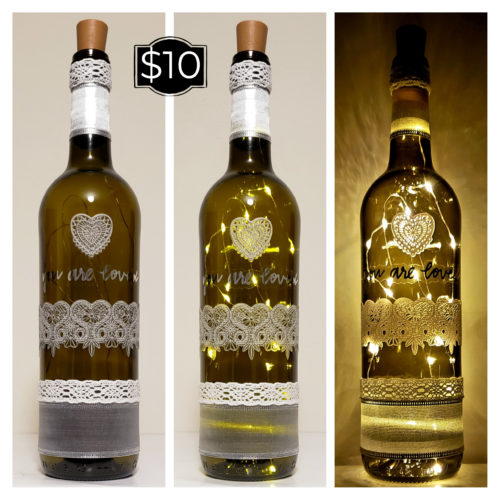 Photo grid of a bottle light featuring lace hearts and the words, "you are loved".