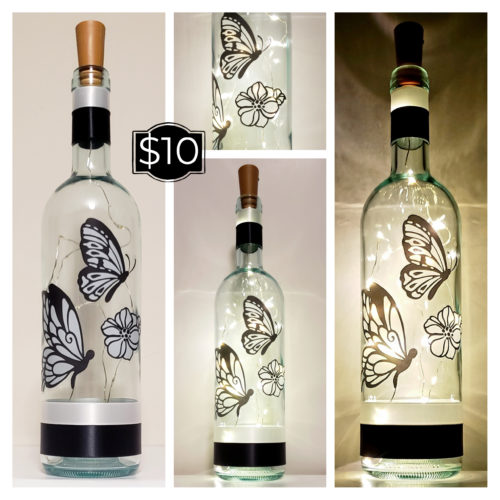 Photo grid of a bottle light with two black and white butterflies and a matching flower.