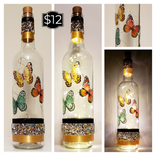 Photo grid of a bottle light featuring three butterflies and a mixed jewel strip.