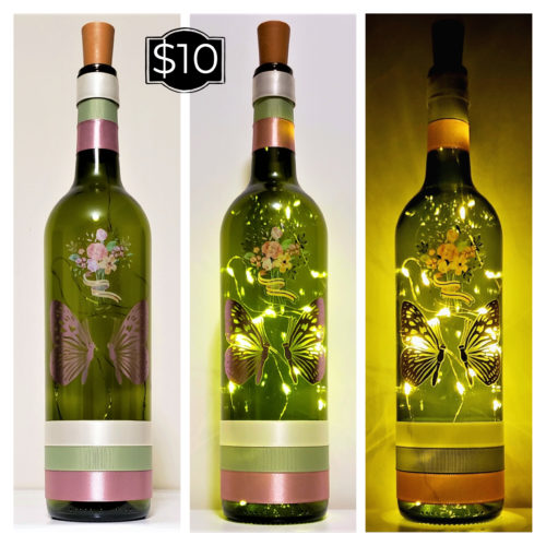 Photo grid of a bottle light with two metallic butterflies and a pastel bouquet.