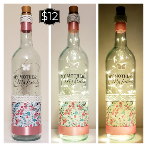 Photo grid of a bottle light featuring the phrase, "My mother, my friend", a white butterfly and floral wrap.