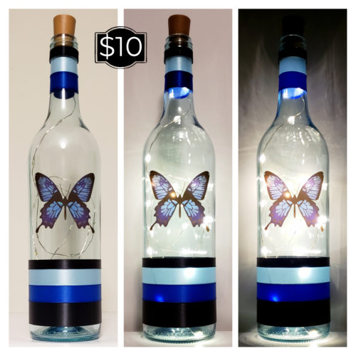 Photo grid of a bottle light featuring a bold black and blue butterfly.