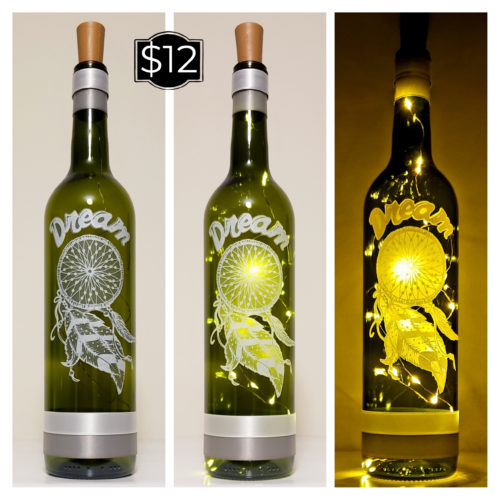 Photo grid of a bottle light featuring an etch-style dreamcatcher with "Dream" at the top.