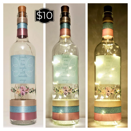 Photo grid of a bottle light with a phrase about friendship and floral arrangement.