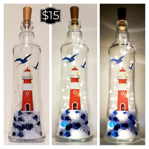 Photo grid of a bottle light with a lighthouse and blue and clear glass in the bottom.