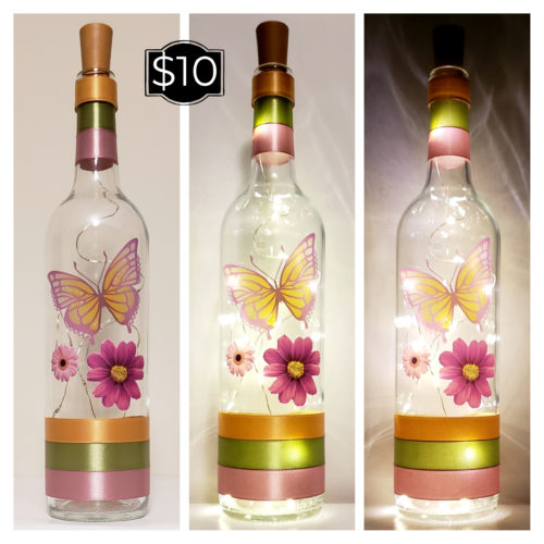 Photo grid of a bottle light featuring a butterfly and two flowers.
