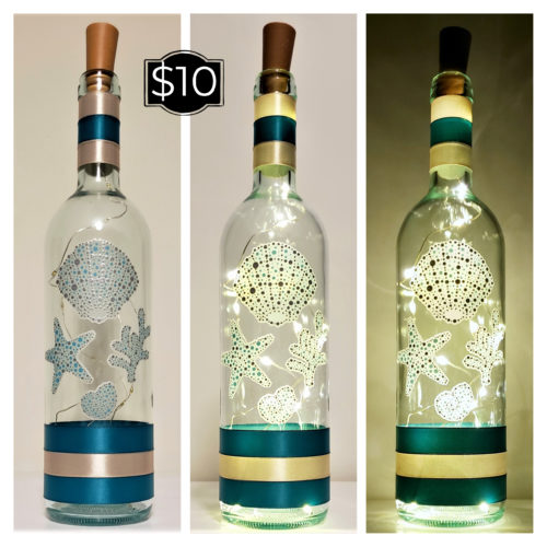 Photo grid of a bottle light with metallic silvery and teal seashells.