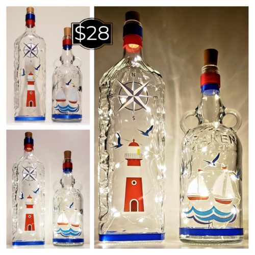 Photo grid of a bottle light set featuring a nautical theme with sailboats, waves, a lighthouse, birds, and compass.