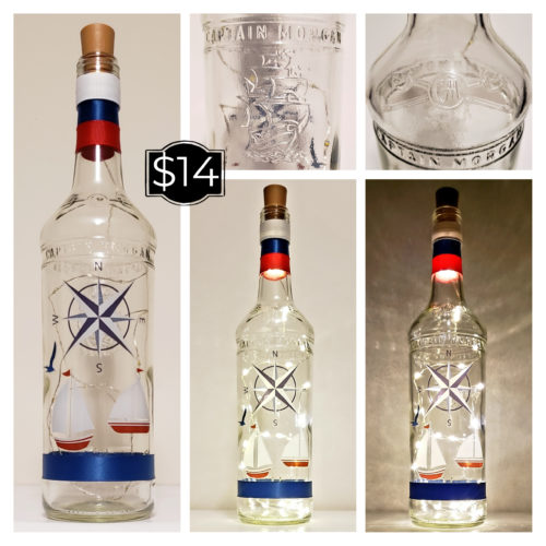 Photo grid of a bottle light featuring a compass and two sailboats on a unique bottle shape.