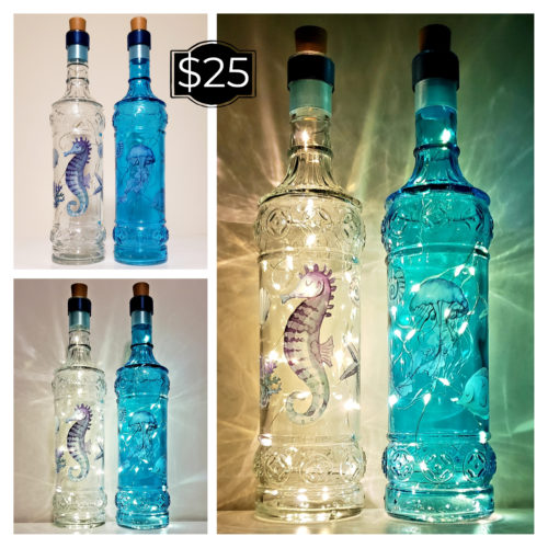 Photo grid of a bottle light set featuring a seahorse, octopus and other sea creatures.