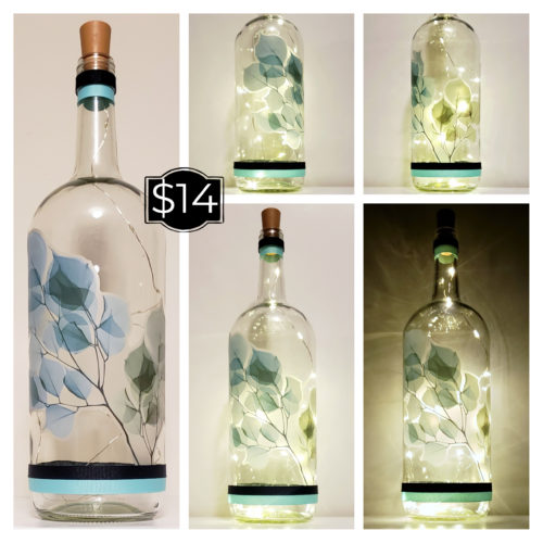 Photo grid of a bottle light featuring a large branch with blueish and green leaves that wrap around the bottle.