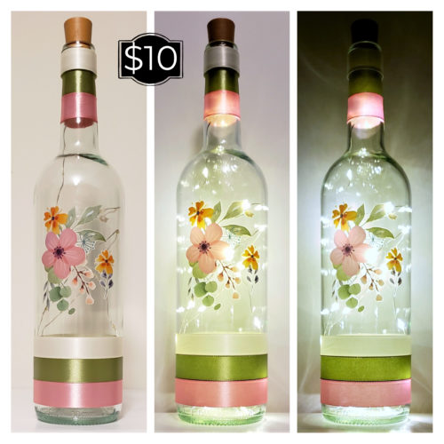 Photo grid of a bottle light with a waxy floral arrangement in rose, orange and green tones.