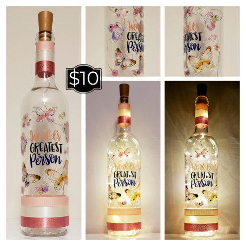 Photo grid of a bottle light featuring "World's Greatest Person" in the center, surrounded by butterflies in watercolour finishes.
