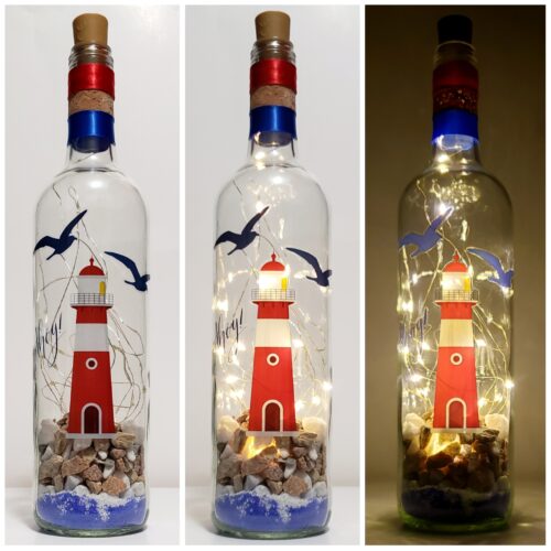 Photo grid of a bottle light featuring a lighthouse, birds, and "ahoy!", with sand and stones in the bottom.