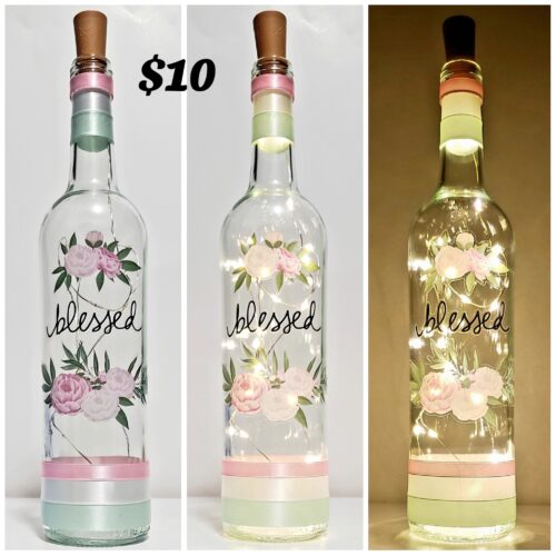 Photo grid of a bottle light with pink peonies shown with the lights off, with them on, and with them on in a dark room.