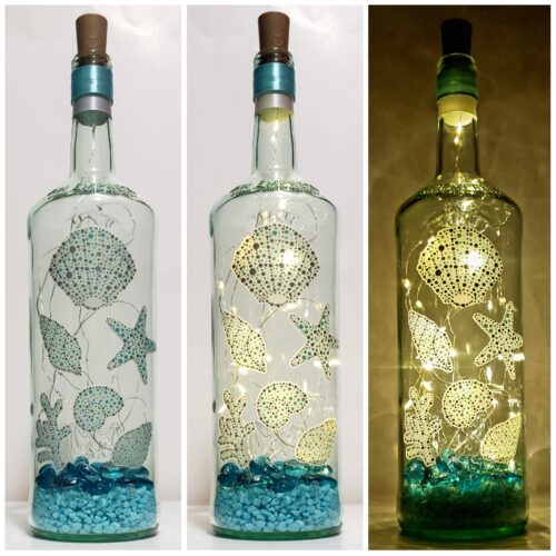 Photo grid of a bottle light featuring seashells with glass stones and pebbles, all in teal and silver tones.